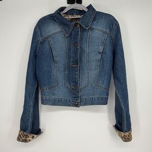 Vintage Baby Phat Y2K‎ Denim Jacket Studded Logo Back Leopard Cuff Jean Jacket
